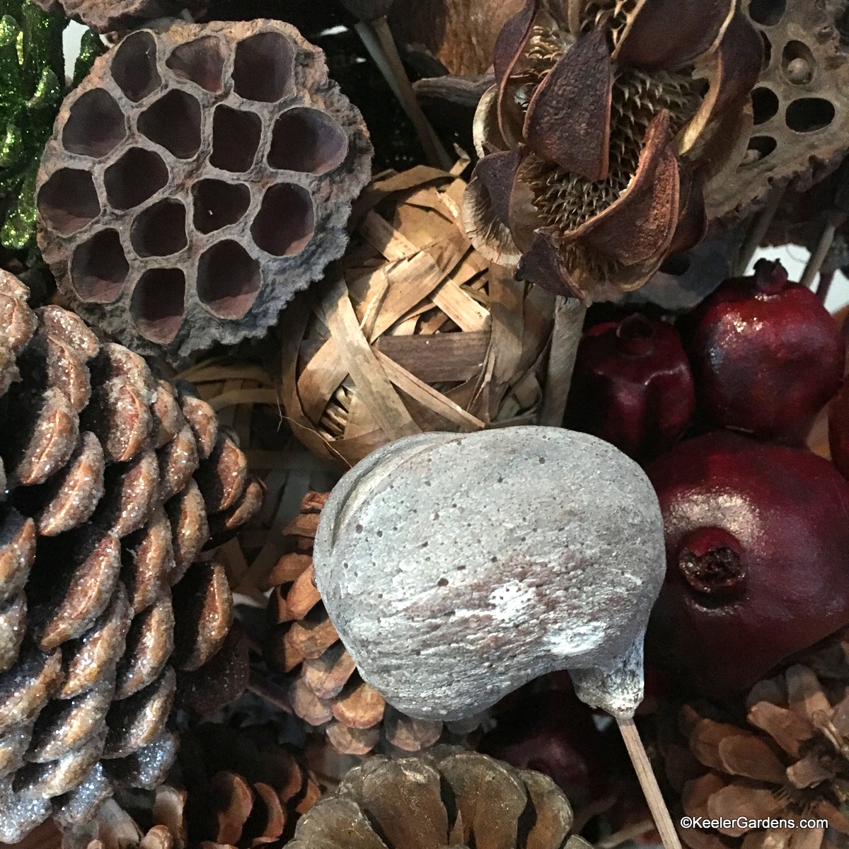 A multitude of accents are presented for a natural display including dried lotus flower seed pods, pine cones, and faux pomegranate.