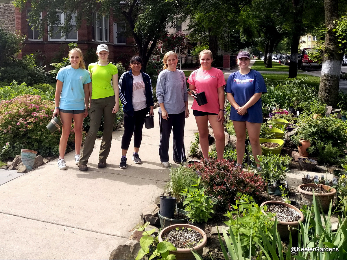 Five high school interns from across Chicago stand on the sidewalk in front of Keeler Gardens with Gina, the gardens’ lead horticulturalist, posing for a picture to commemorate their first day at work. On their left in the foreground and background is the educational pollinator habitat, with many of the native plants and bulbs in pots on the soil, not yet planted in the ground. Behind them to the left is part of Keeler Gardens’ front garden.